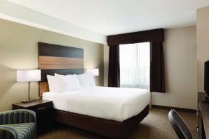 Accessible Queen room: handicap accessible room containing one queen bed, mini fridge and flat screen TV